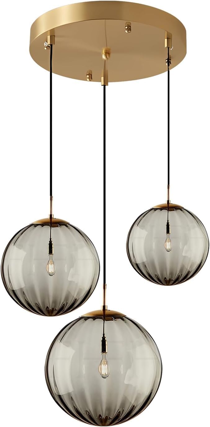 Gold Smoke Ribbed Glass 3-Light Chandelier