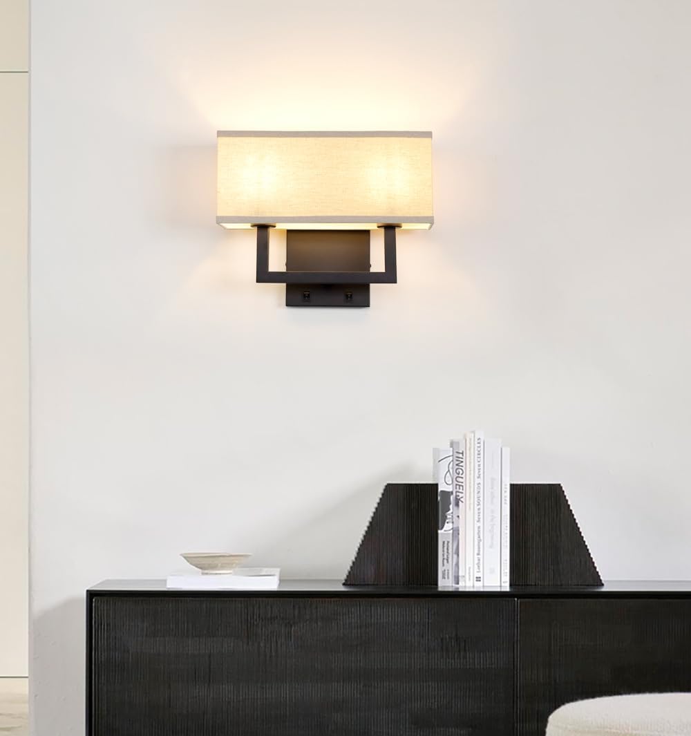 Black Boho Linen 2-Light Wall Sconce