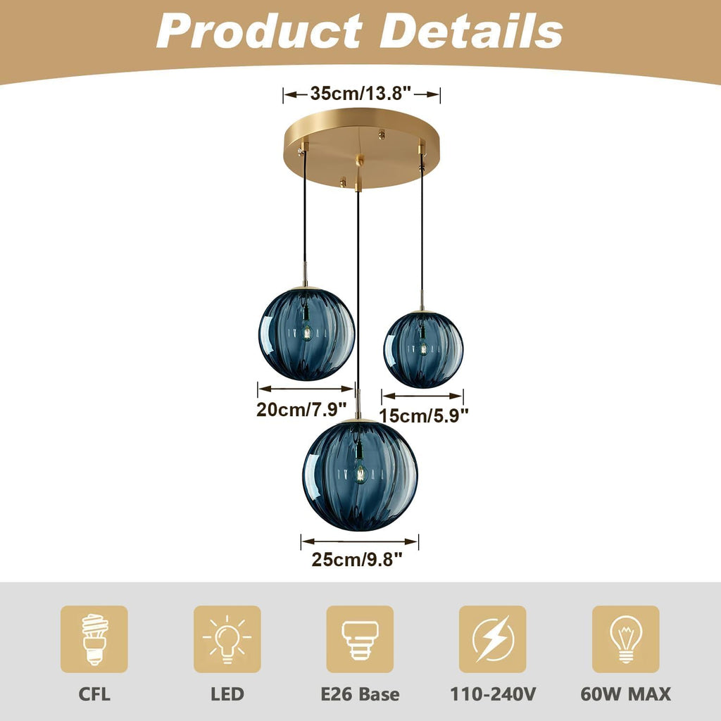 Gold Blue Ribbed Glass 3-Light Pendant Light