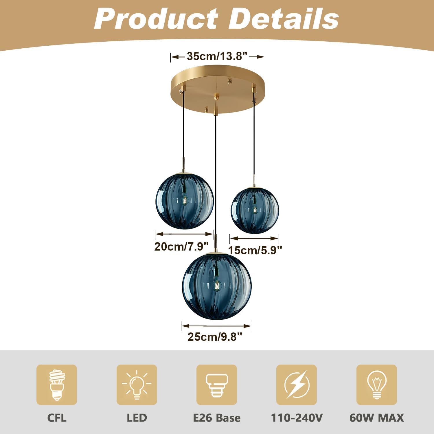 Gold Blue Ribbed Glass 3-Light Pendant Light
