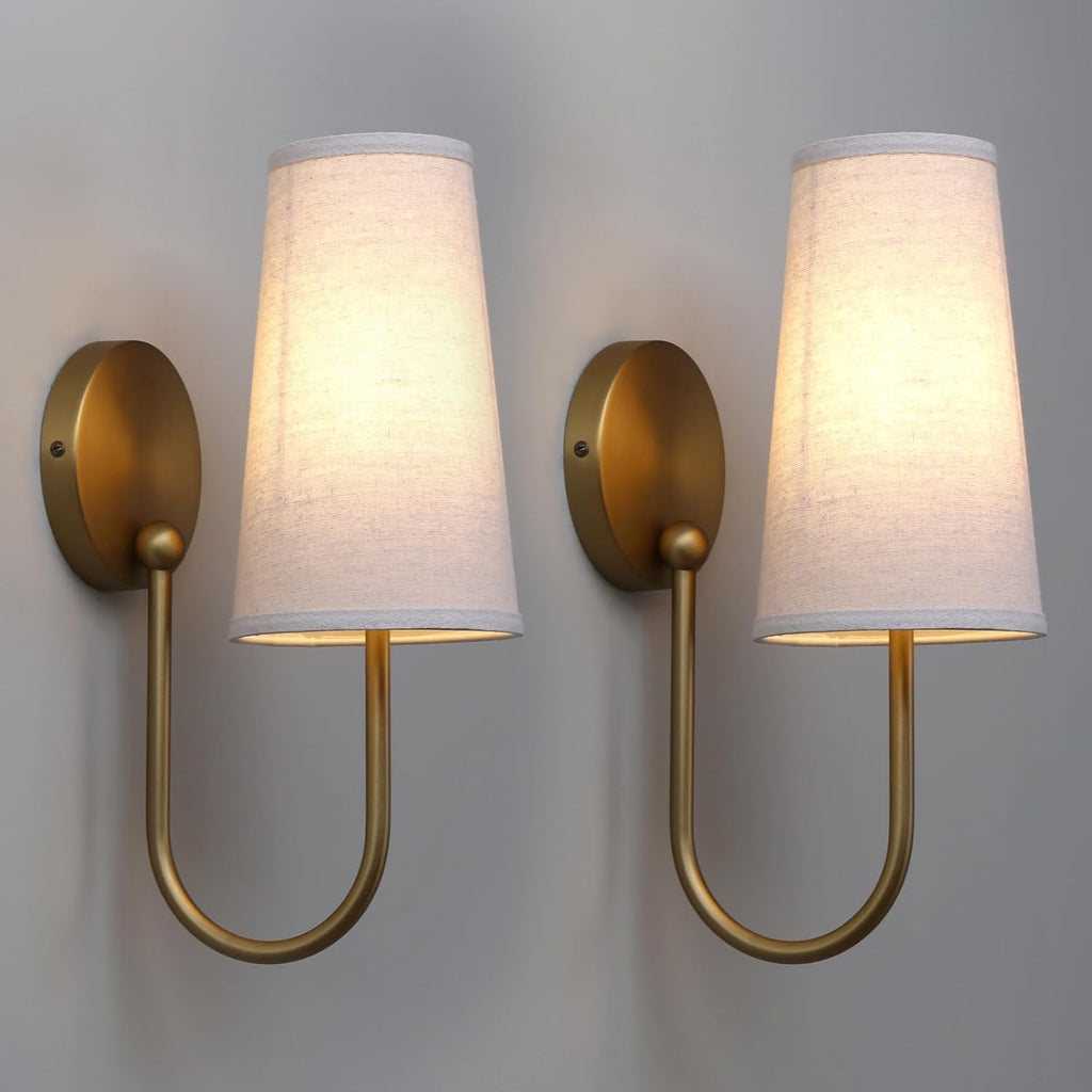 2 Antique Brass Linen Cone Wall Sconces
