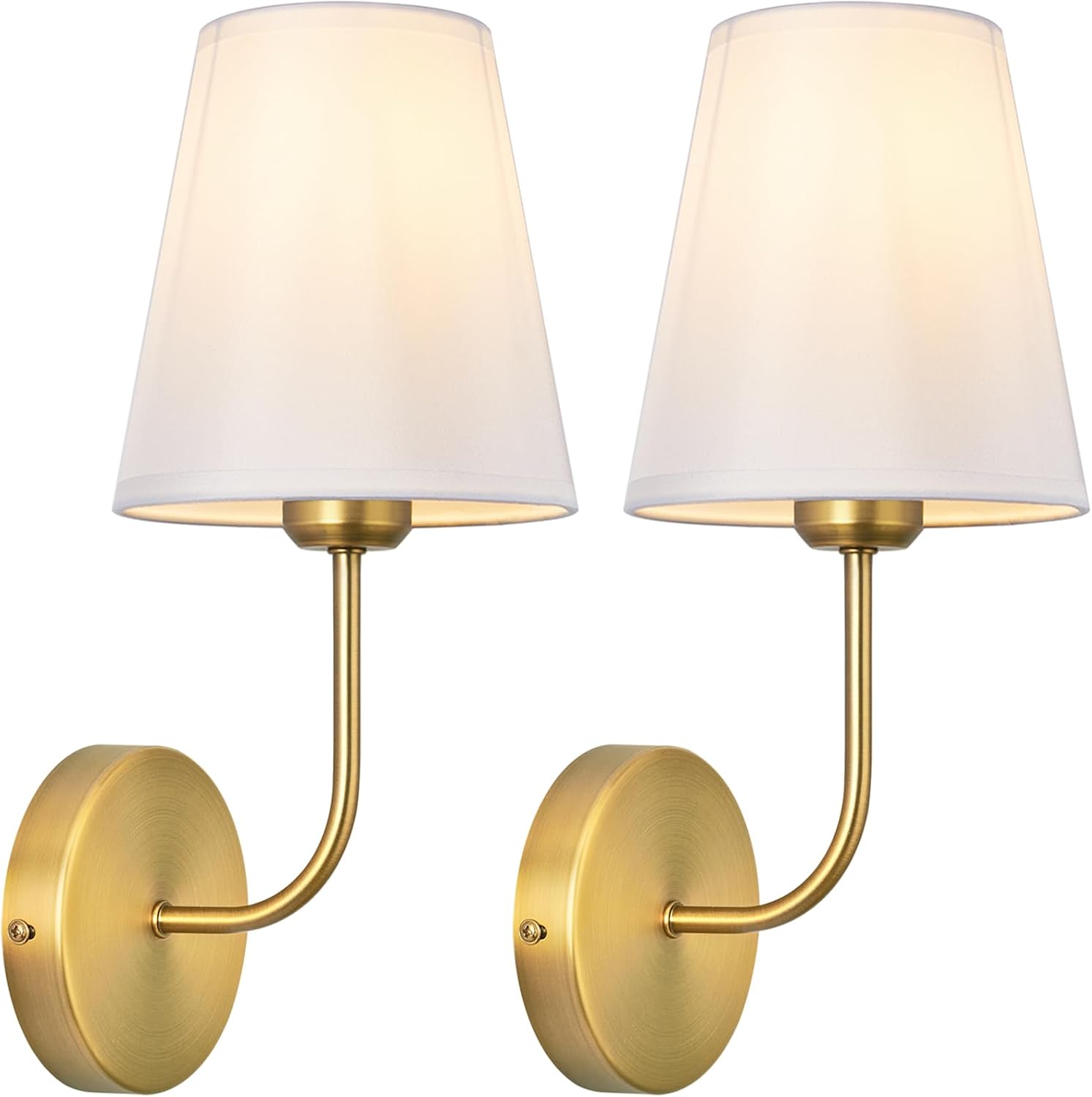 2 Antique Brass White Fabric Wall Sconces