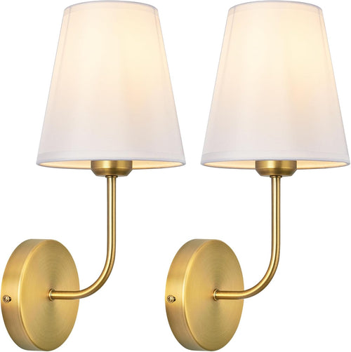 2 Antique Brass White Fabric Wall Sconces
