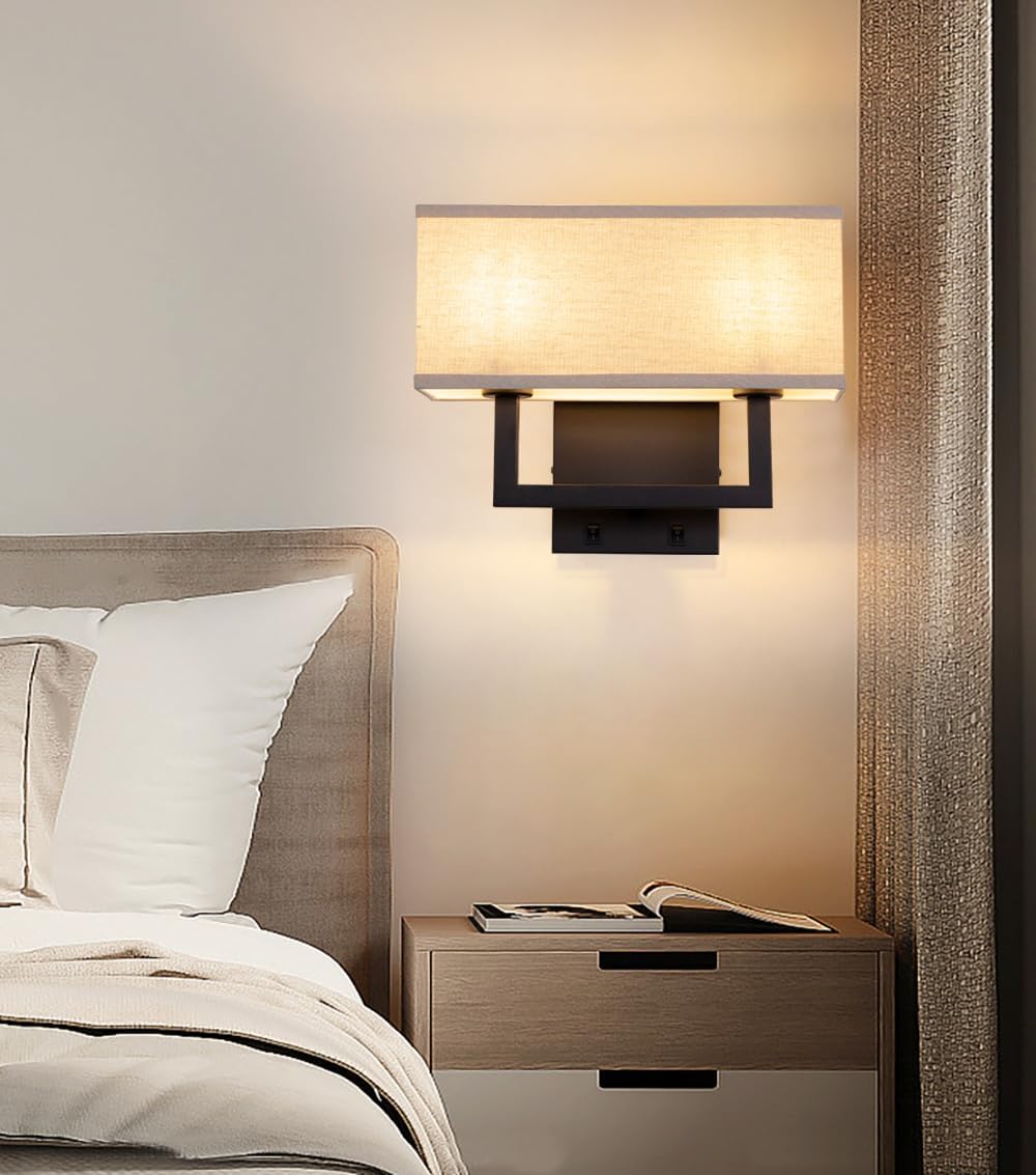 Black Boho Linen 2-Light Wall Sconce