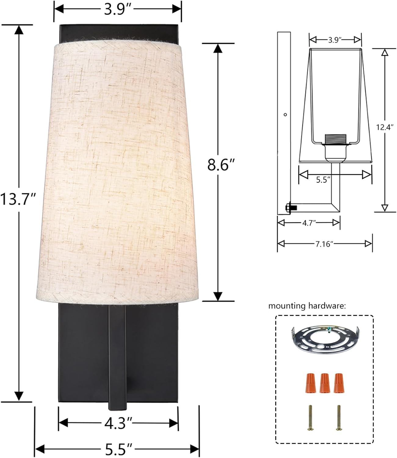 2 Matte Black Farmhouse Fabric Wall Sconces
