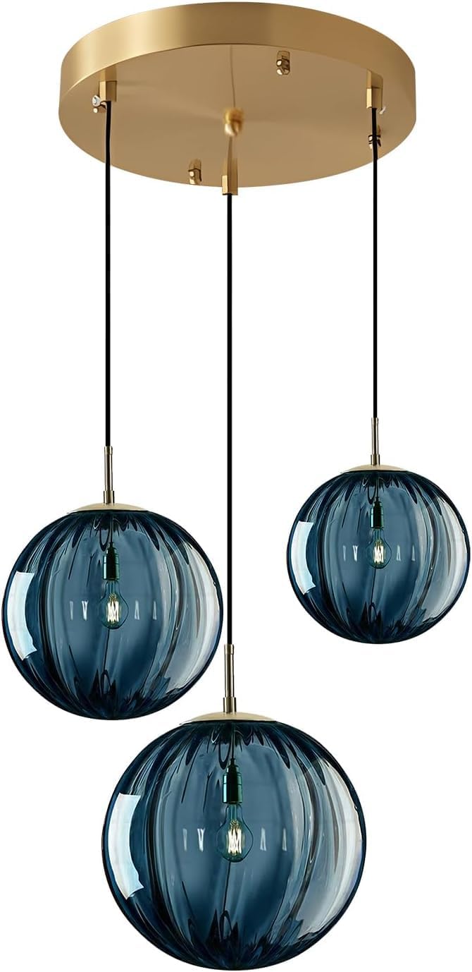 Gold Blue Ribbed Glass 3-Light Pendant Light