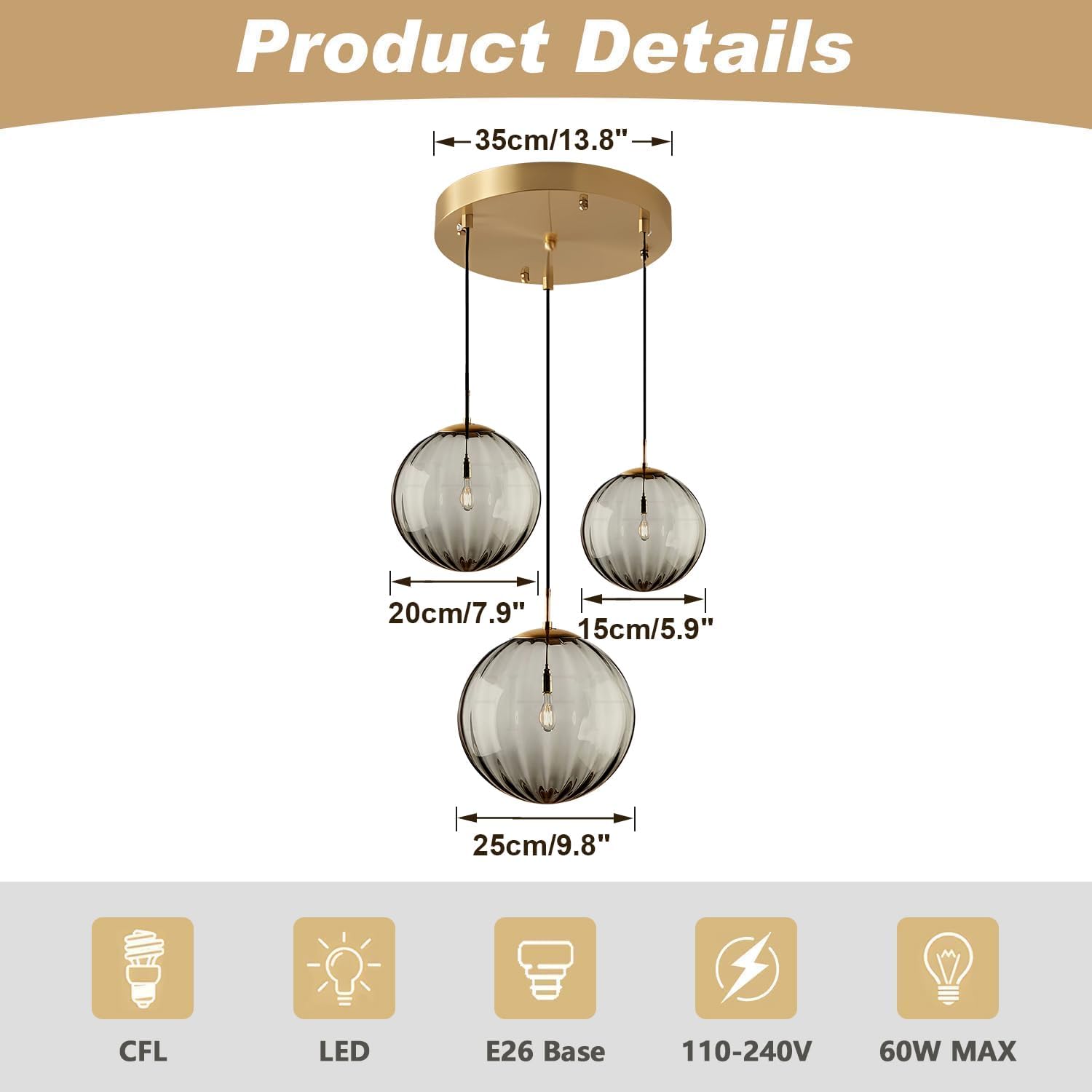 Gold Smoke Ribbed Glass 3-Light Chandelier