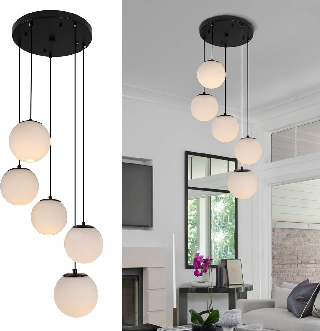 Black White Glass 5-Light Globe Chandelier
