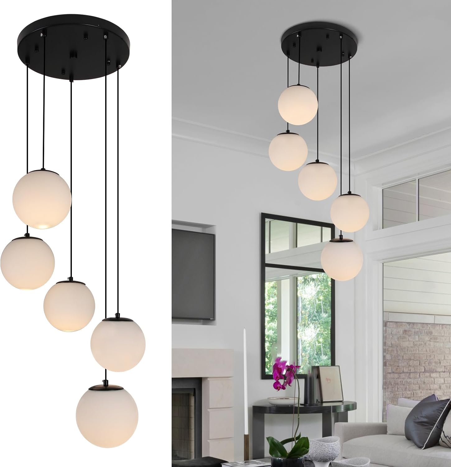 Black White Glass 5-Light Globe Chandelier
