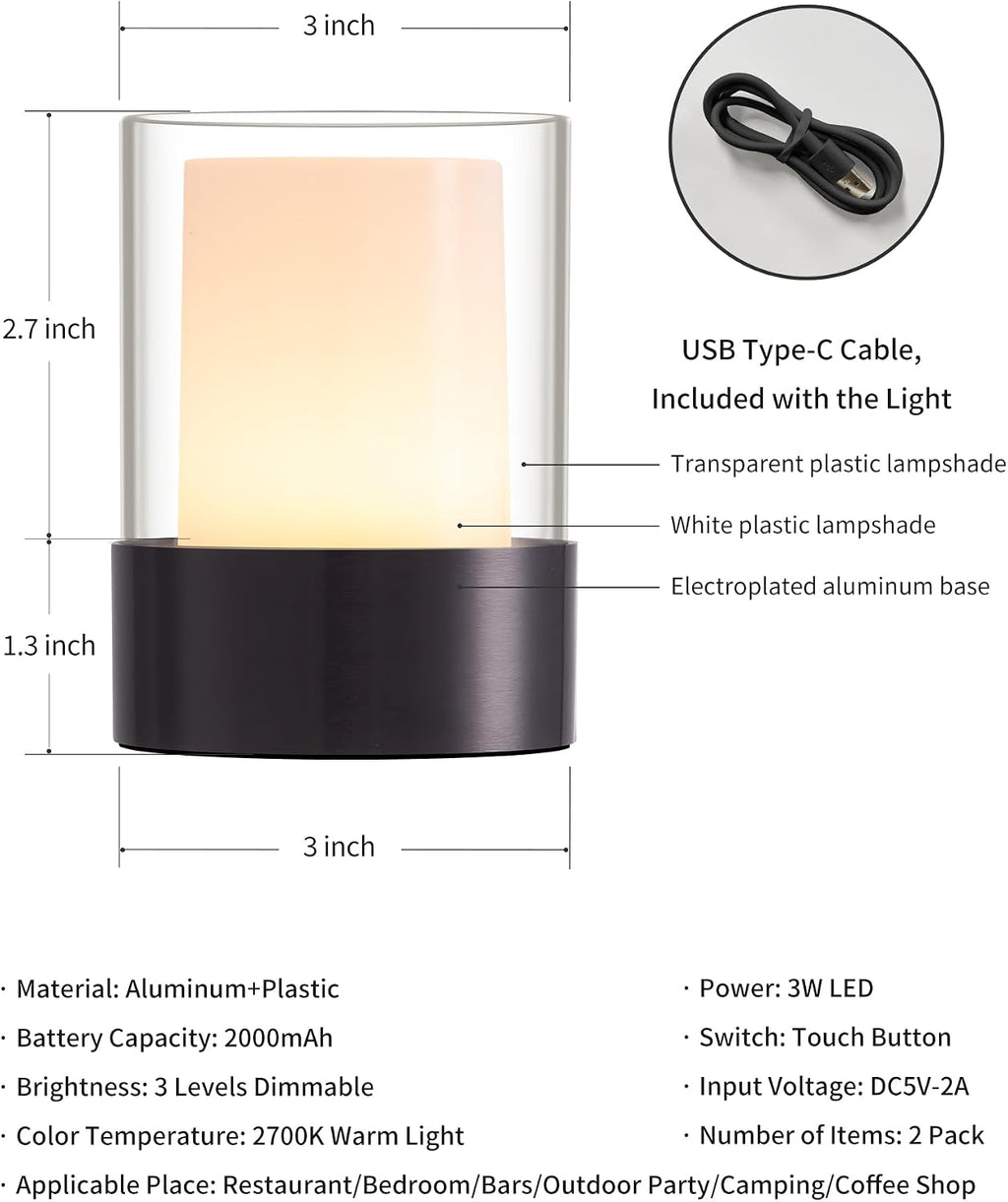 2 Pack Black Rechargeable Touch Table Lamps