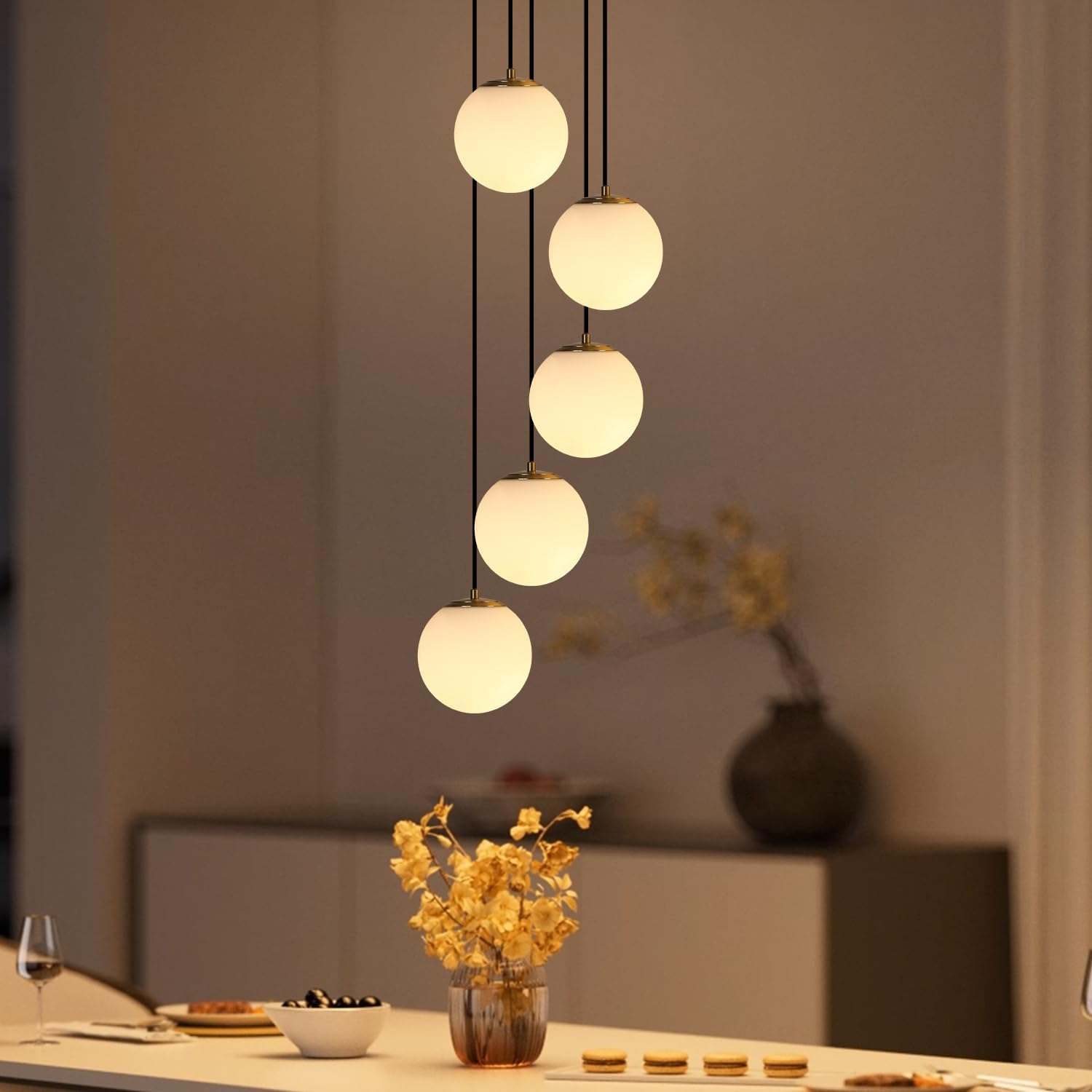 Brass White Glass 5-Light Globe Chandelier