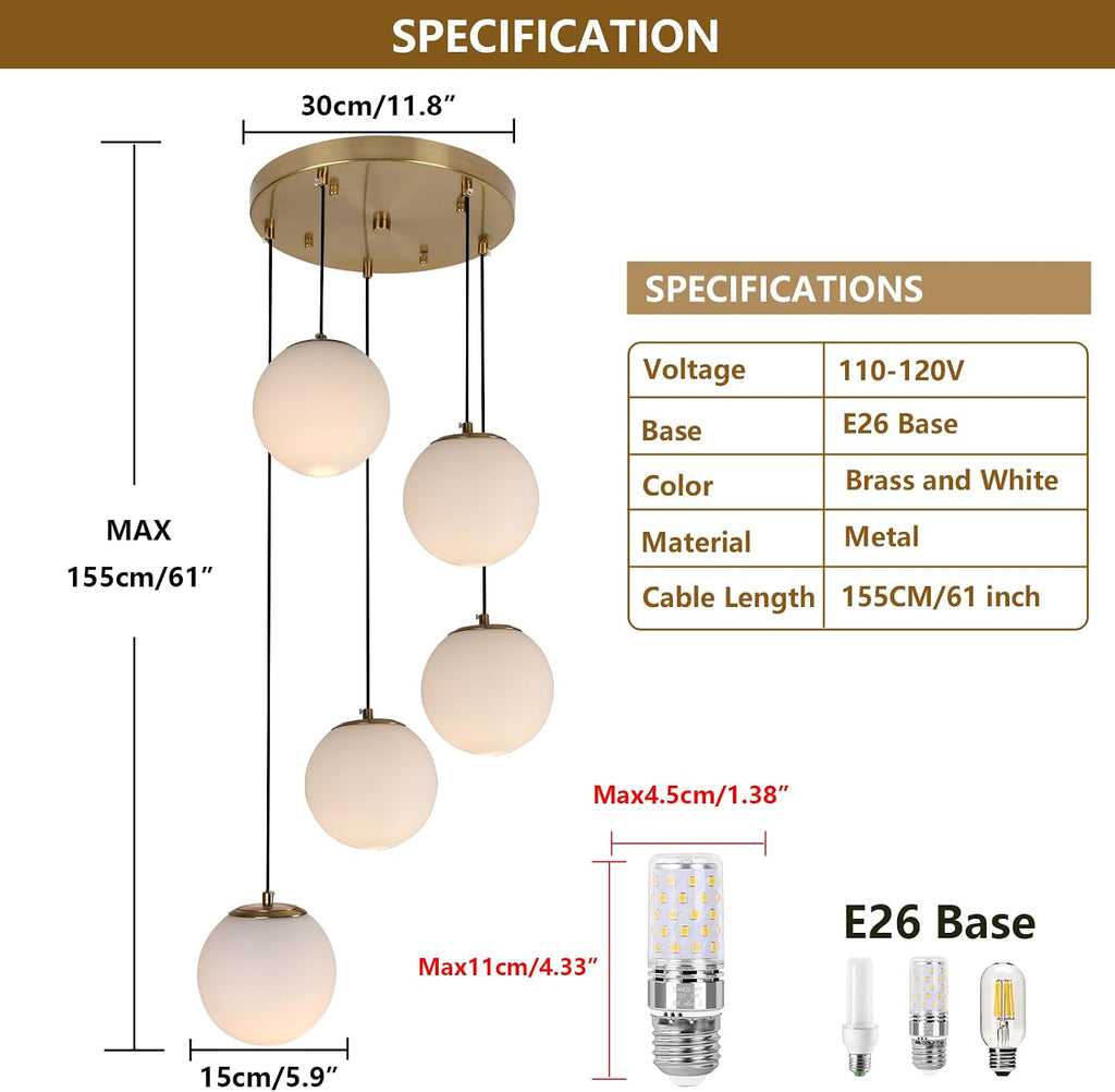 Brass White Glass 5-Light Globe Chandelier