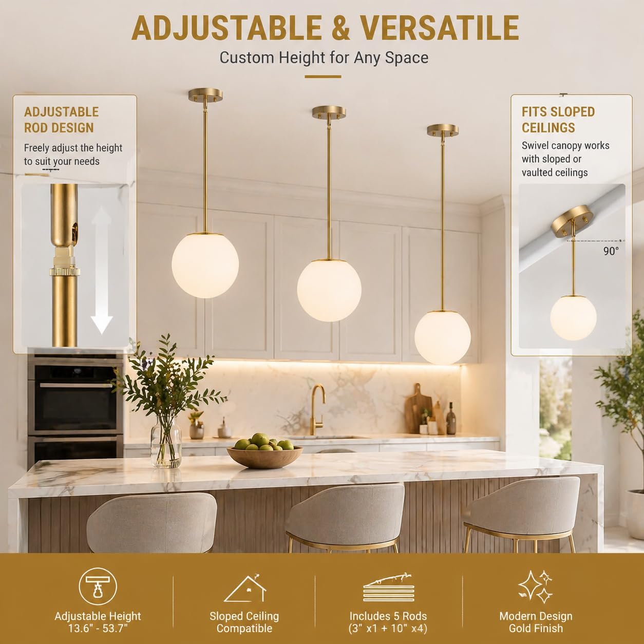 Gold Opal Glass 3-Light Globe Pendant Light
