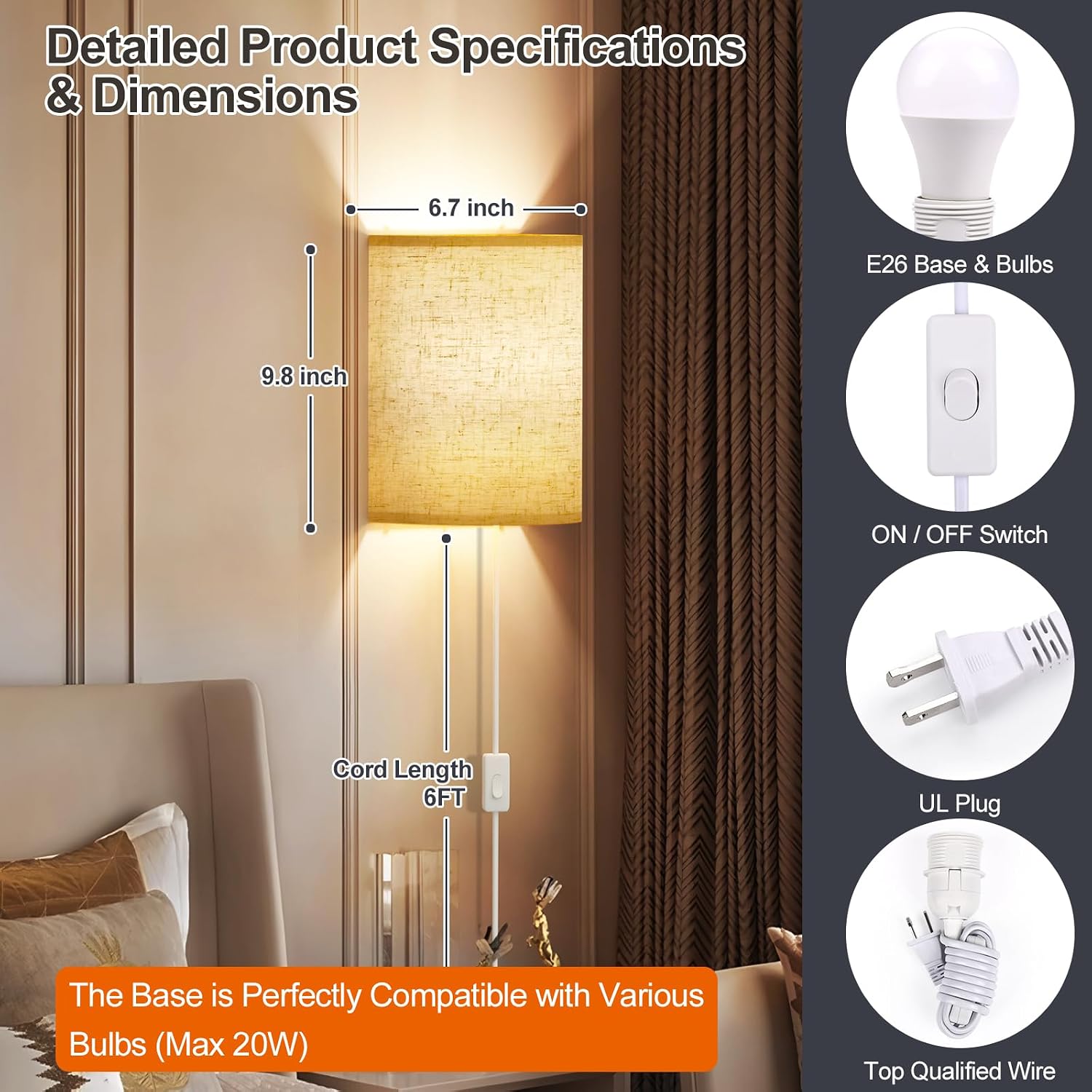 2 Plug-In Stepless Color Linen Wall Sconces