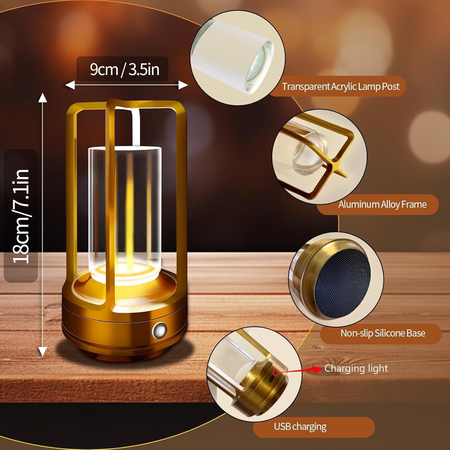 2 Pack Gold Dimmable Rechargeable Table Lamps