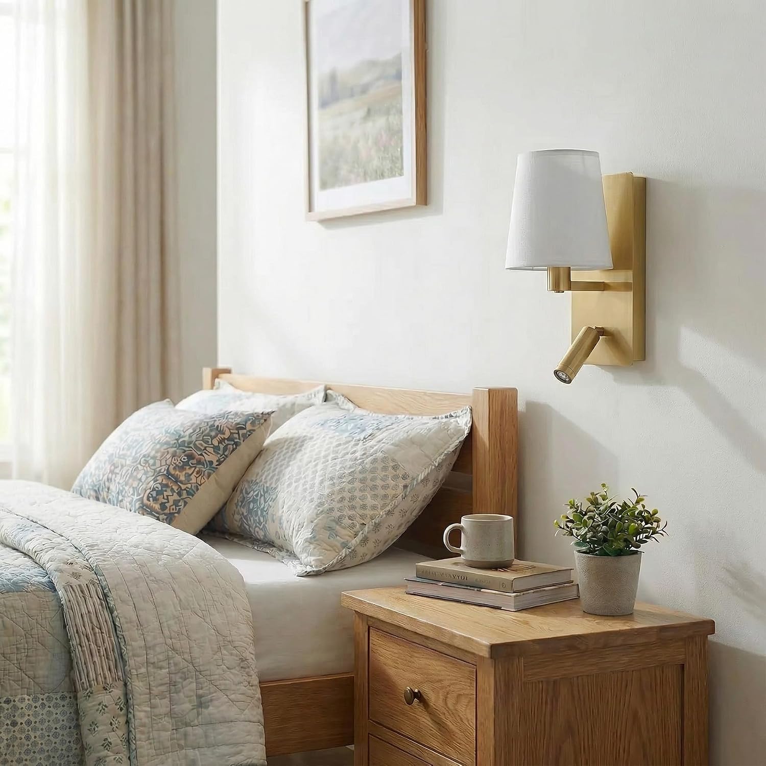 Gold White Fabric Dual Wall Sconce
