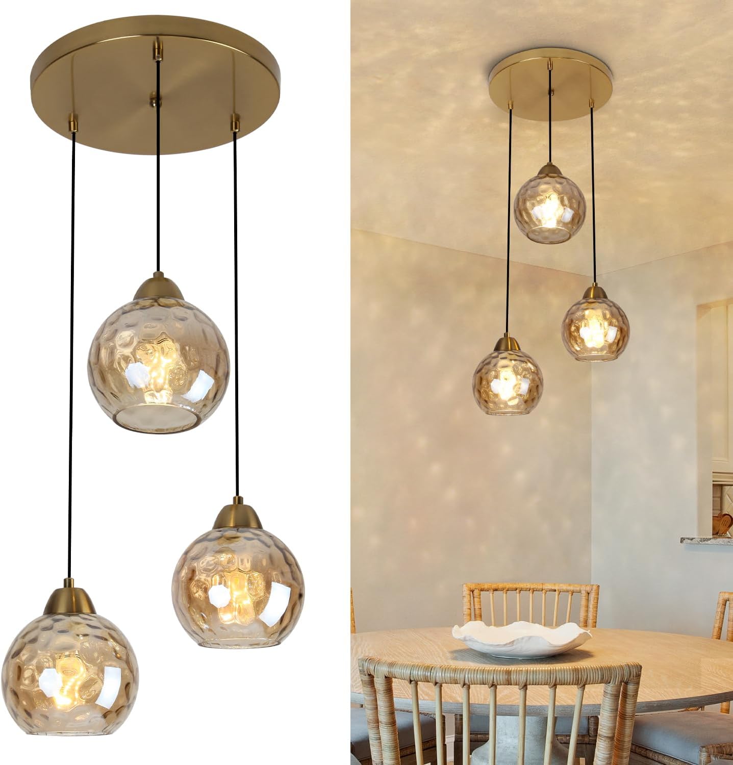 Brass Amber Hammered Glass 3-Light Pendant