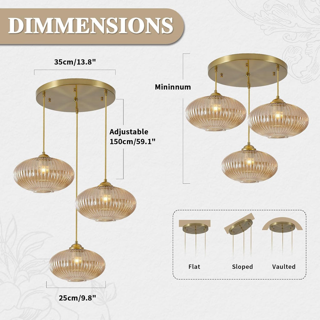 Gold Amber Glass 3-Light Globe Pendant Light
