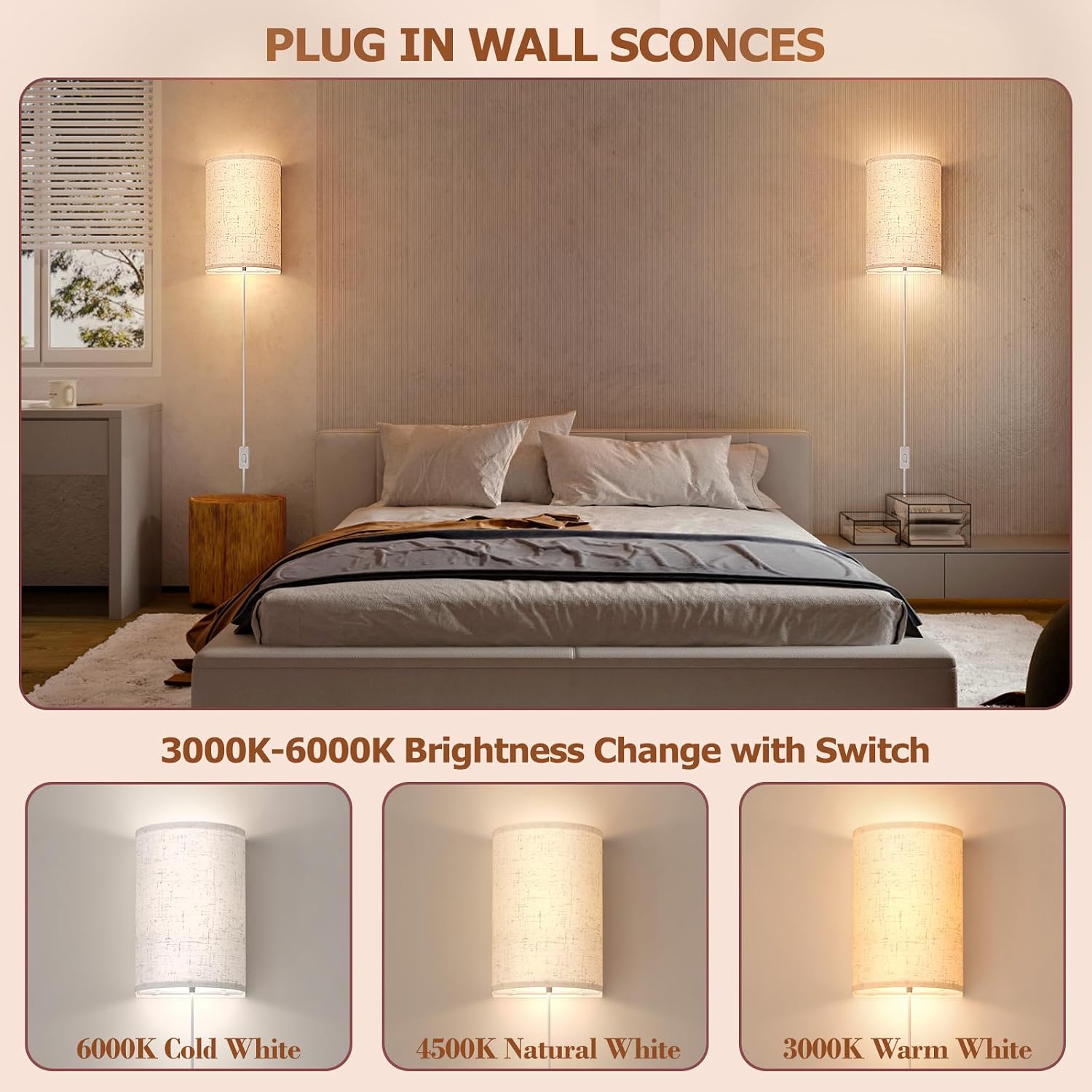 2 Plug-In Adjustable Color Linen Wall Sconces