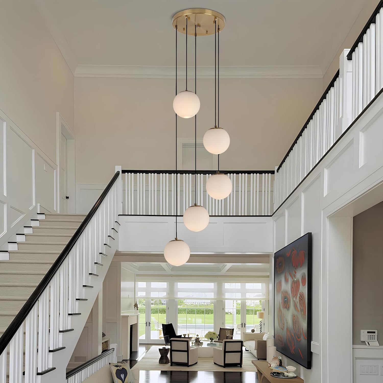 Brass White Glass 5-Light Globe Chandelier