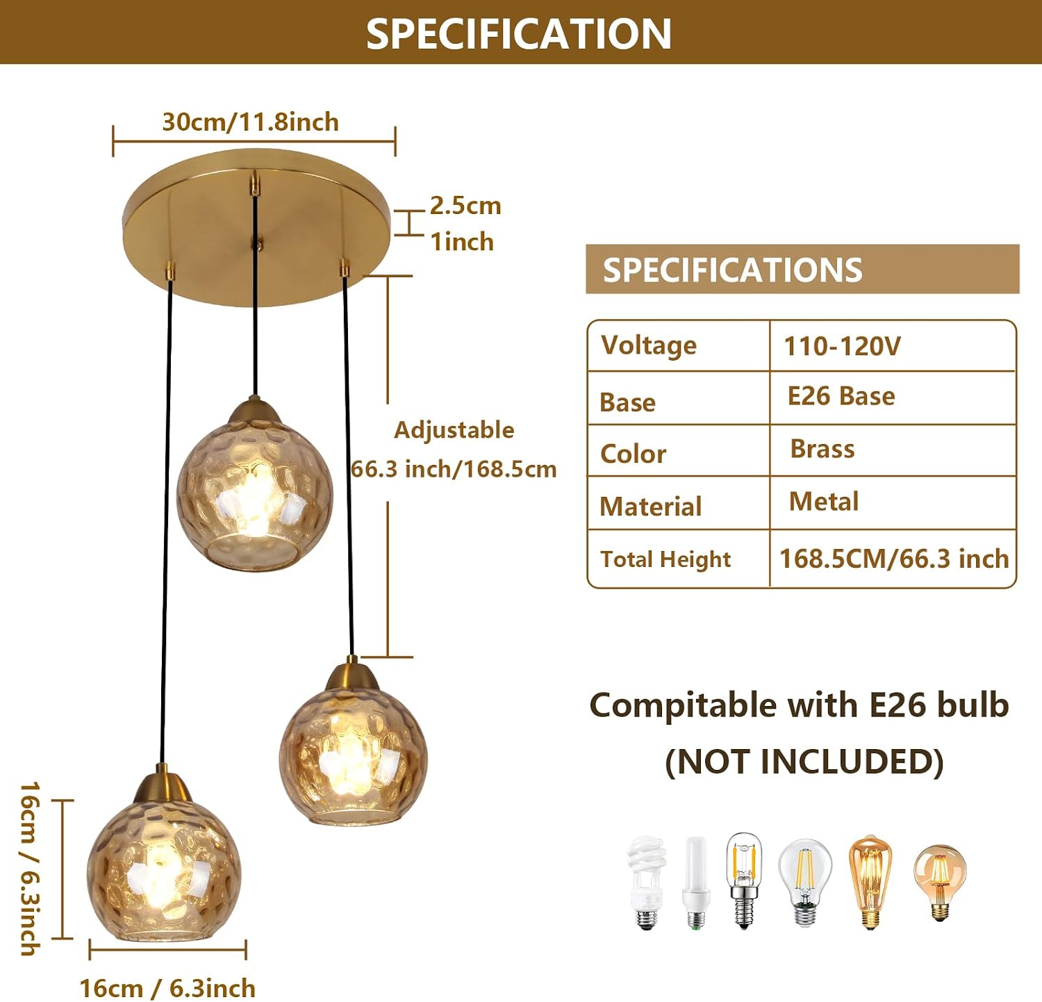 Brass Amber Hammered Glass 3-Light Pendant
