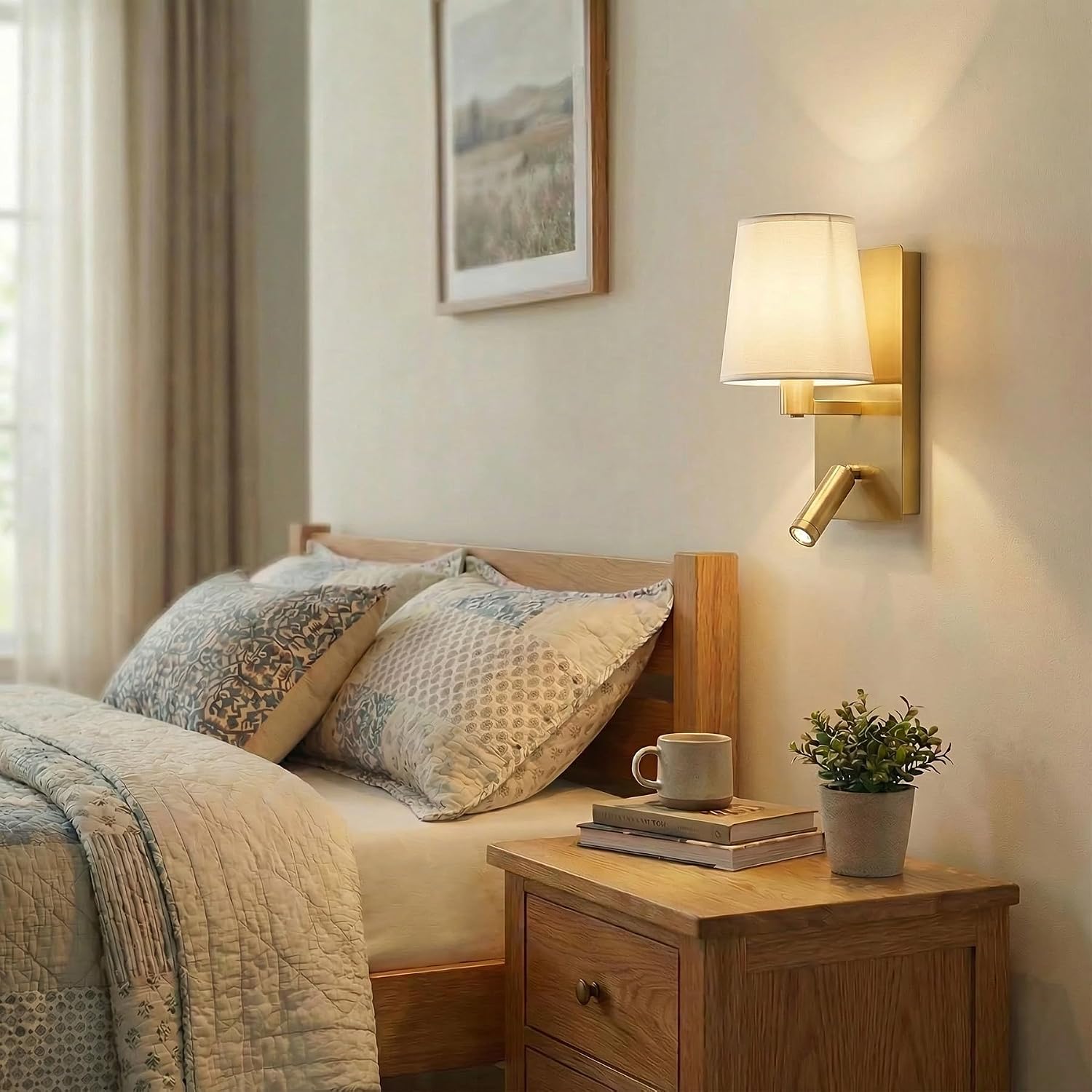 Gold White Fabric Dual Wall Sconce