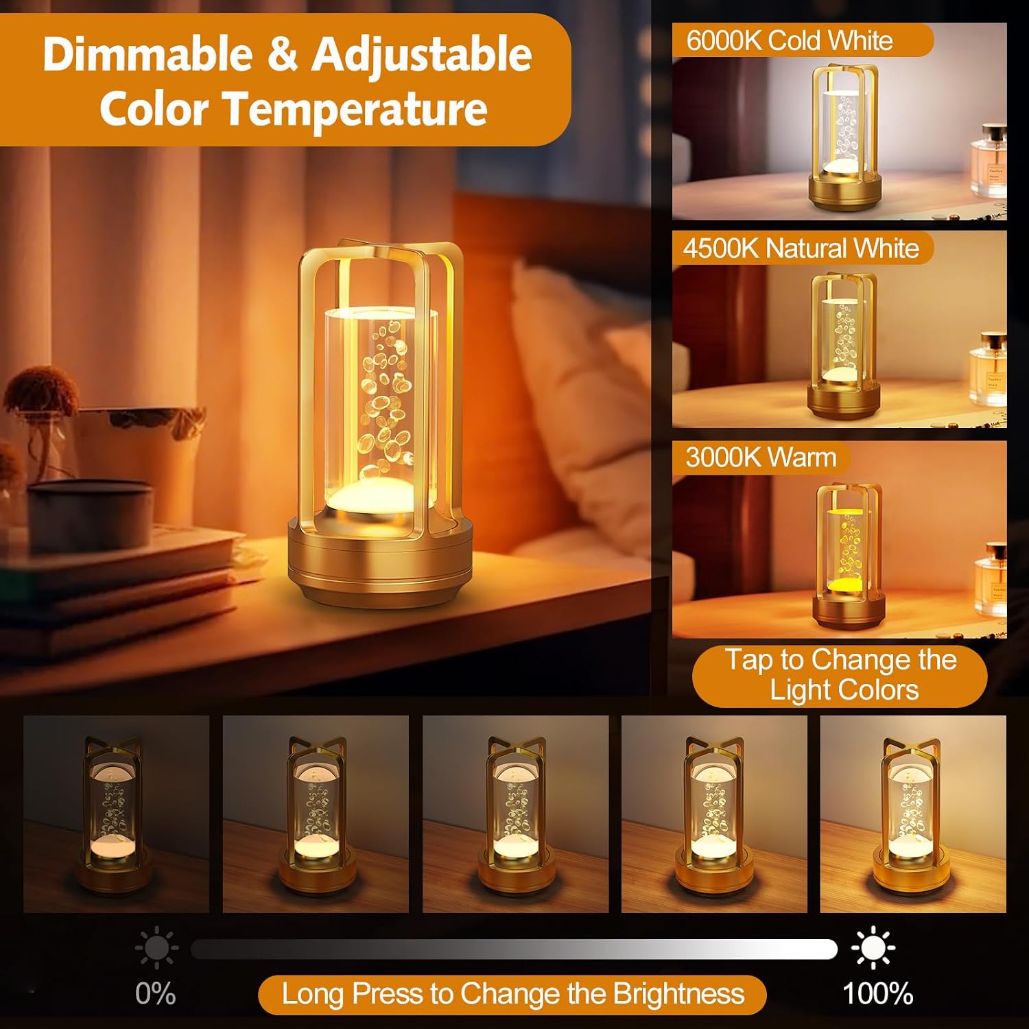 Gold Rechargeable Dimmable LED Lantern Lamp