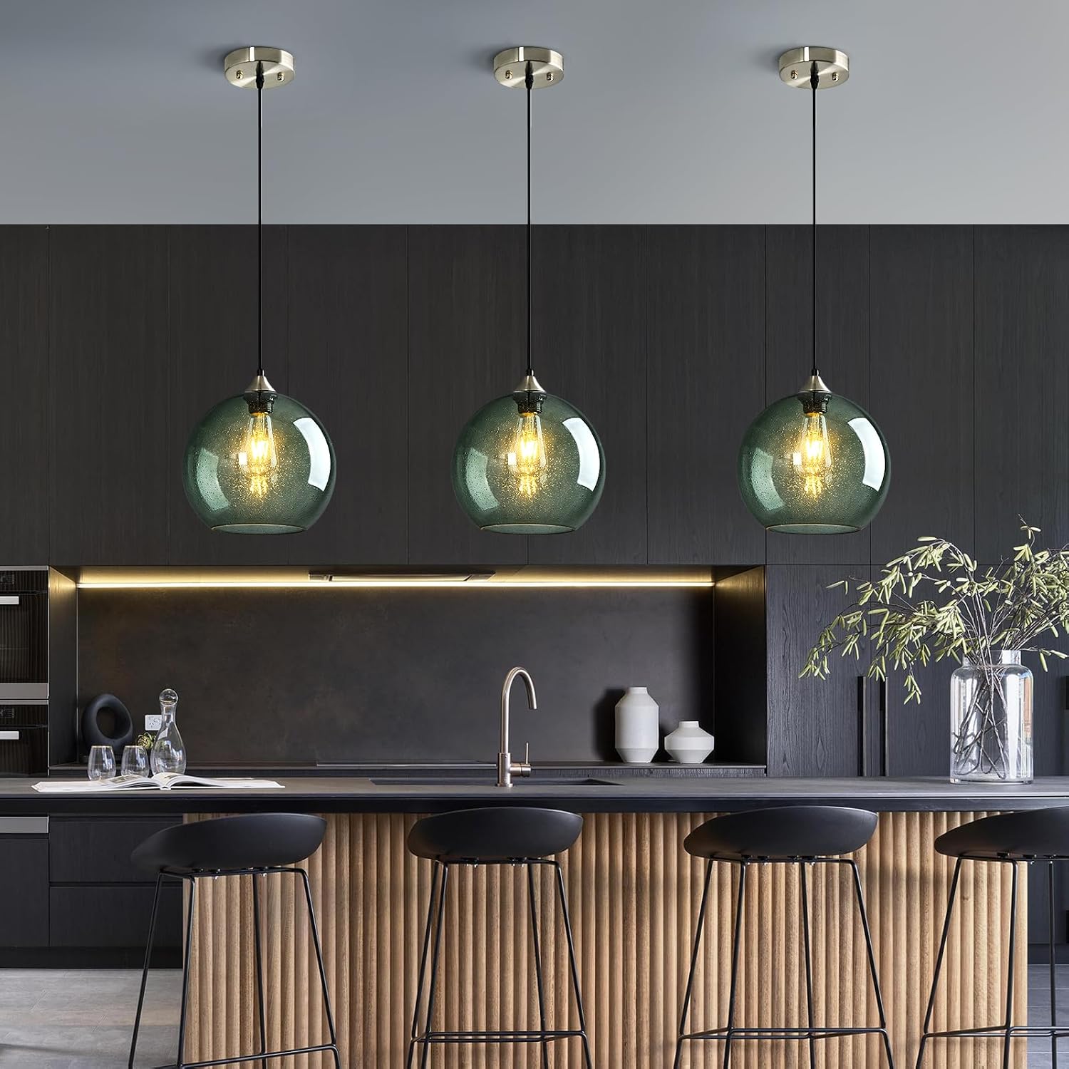 3 Pack Gray Green Glass Globe Pendant Lights