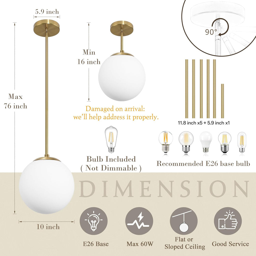 Brass Milk Glass Globe Pendant Light