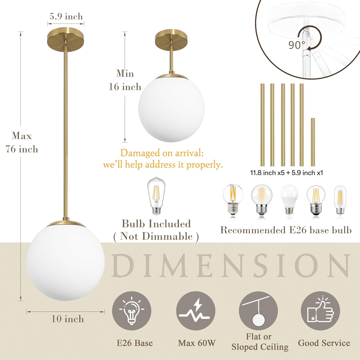 Brass Milk Glass Globe Pendant Light