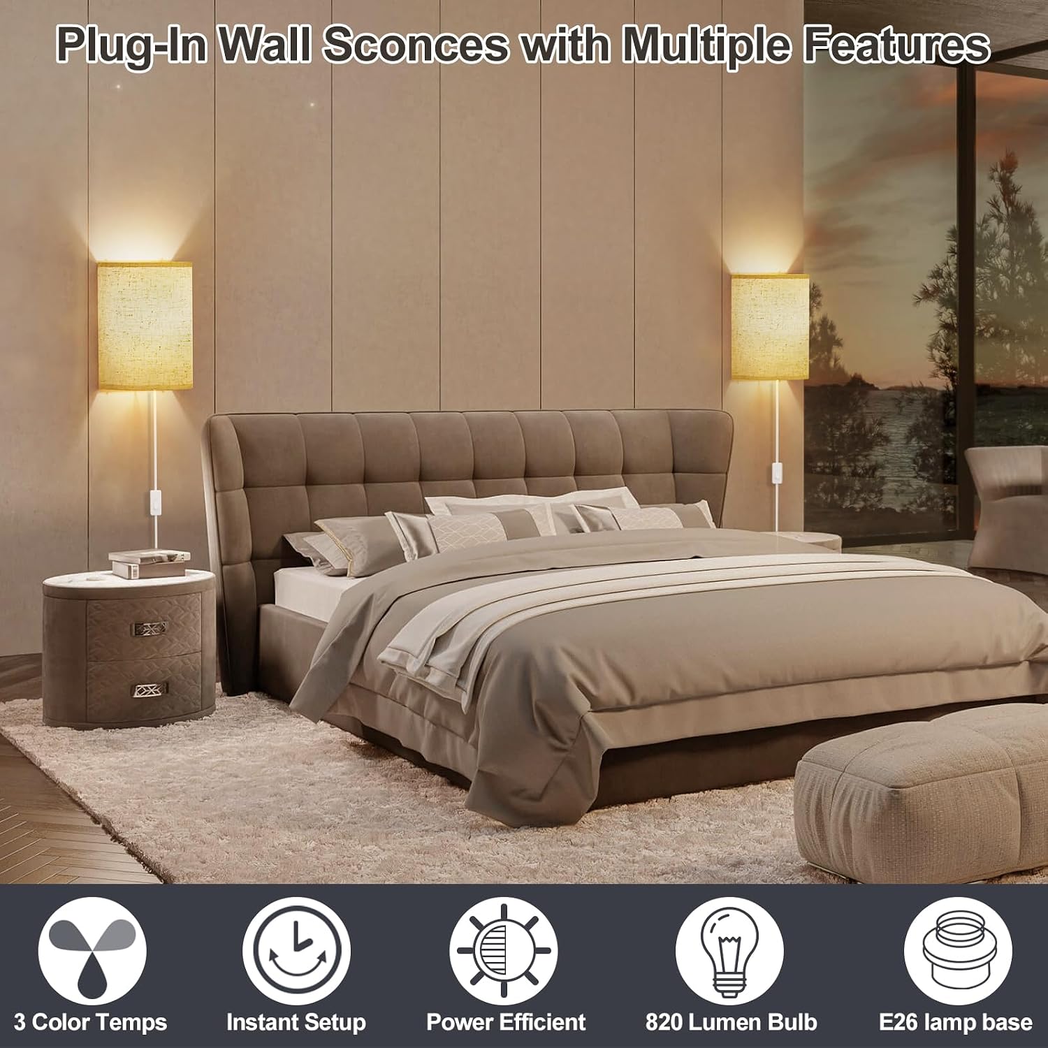 2 Plug-In Stepless Color Linen Wall Sconces