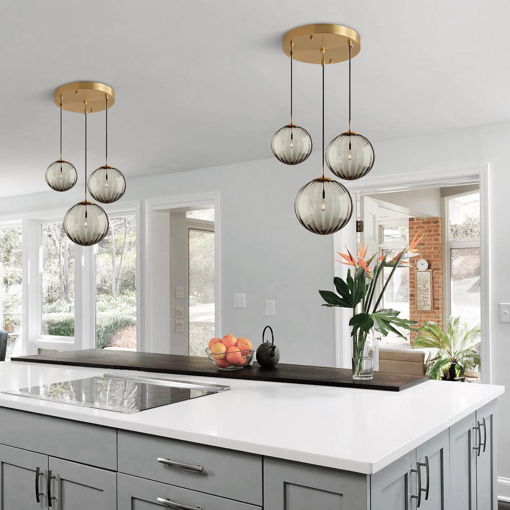 Gold Smoke Ribbed Glass 3-Light Chandelier