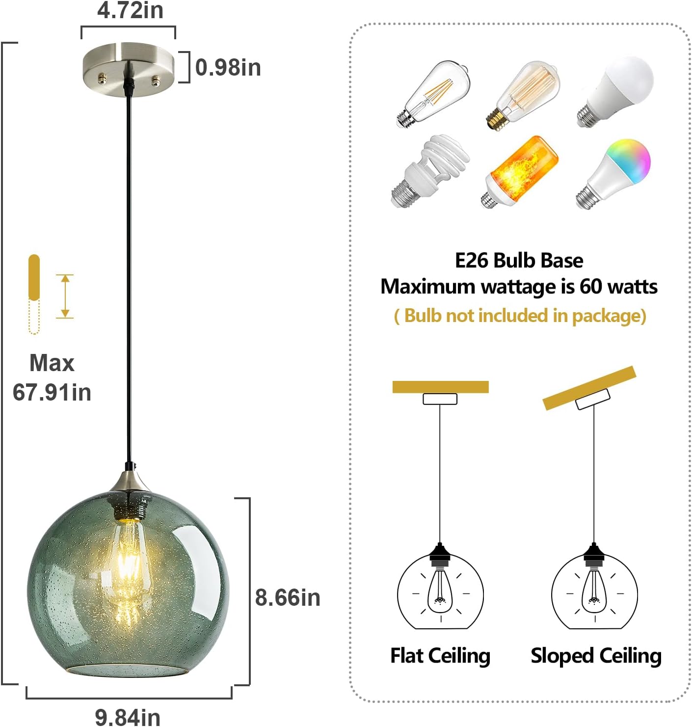 3 Pack Gray Green Glass Globe Pendant Lights