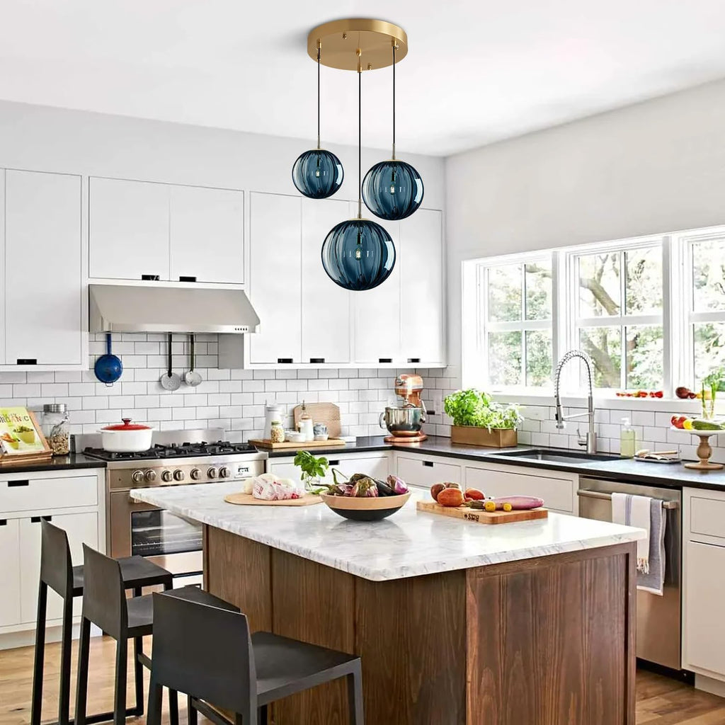 Gold Blue Ribbed Glass 3-Light Pendant Light
