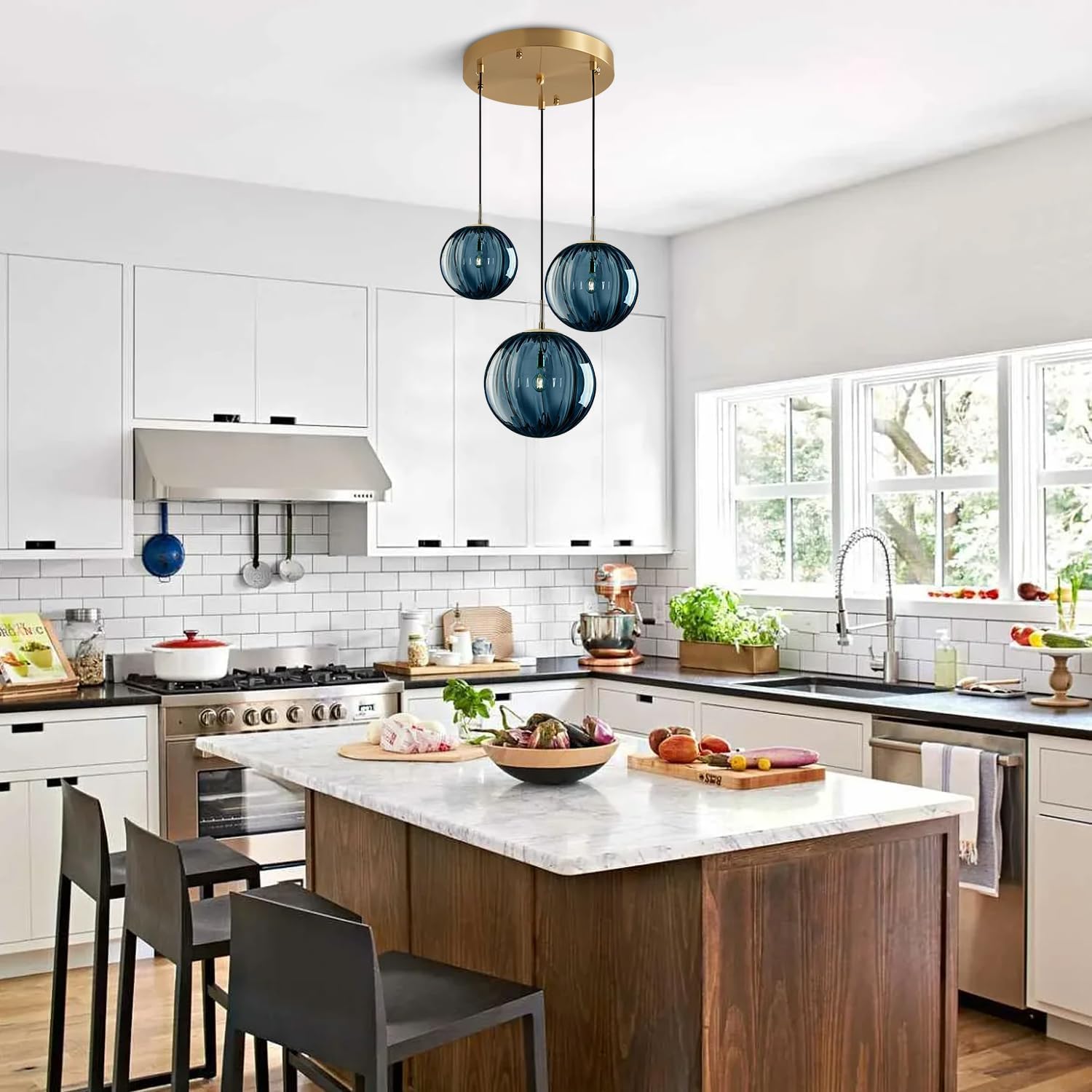 Gold Blue Ribbed Glass 3-Light Pendant Light