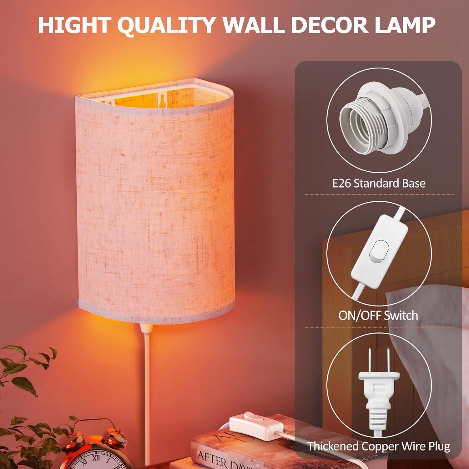 2 Plug-In Adjustable Color Linen Wall Sconces