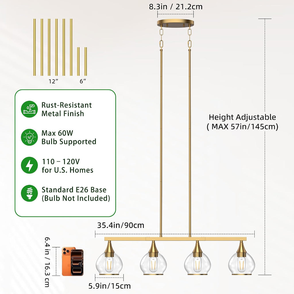 Gold Clear Glass 4-Light Linear Pendant Light