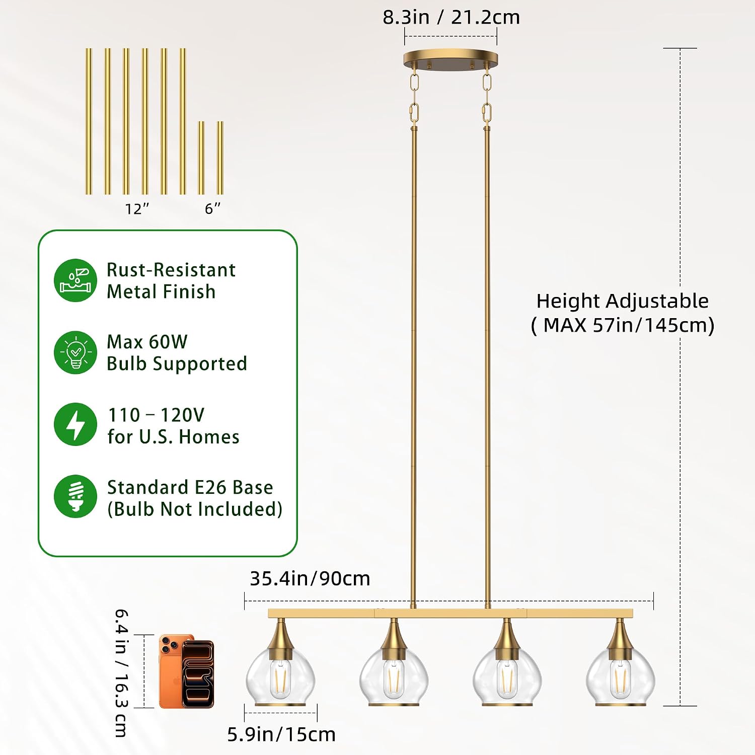 Gold Clear Glass 4-Light Linear Pendant Light