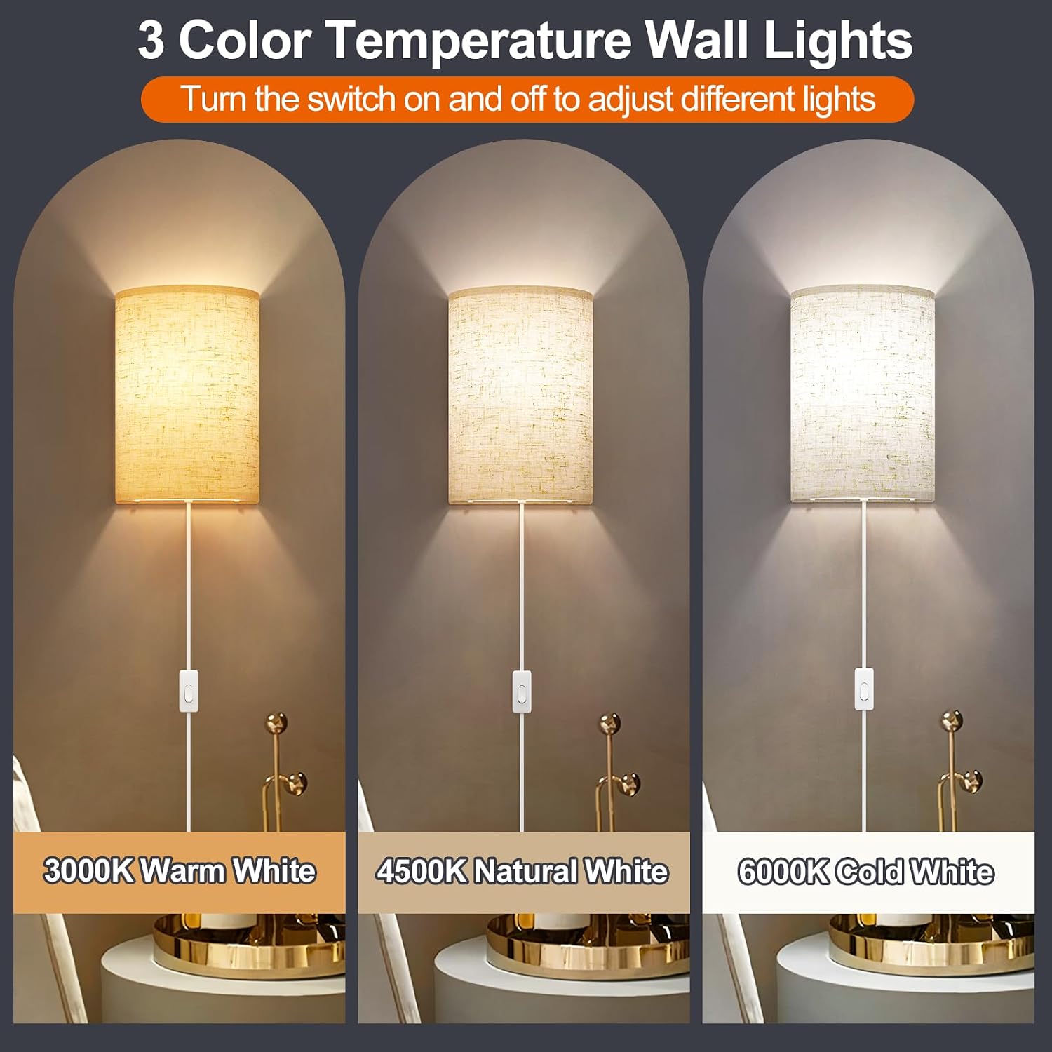 2 Plug-In Stepless Color Linen Wall Sconces