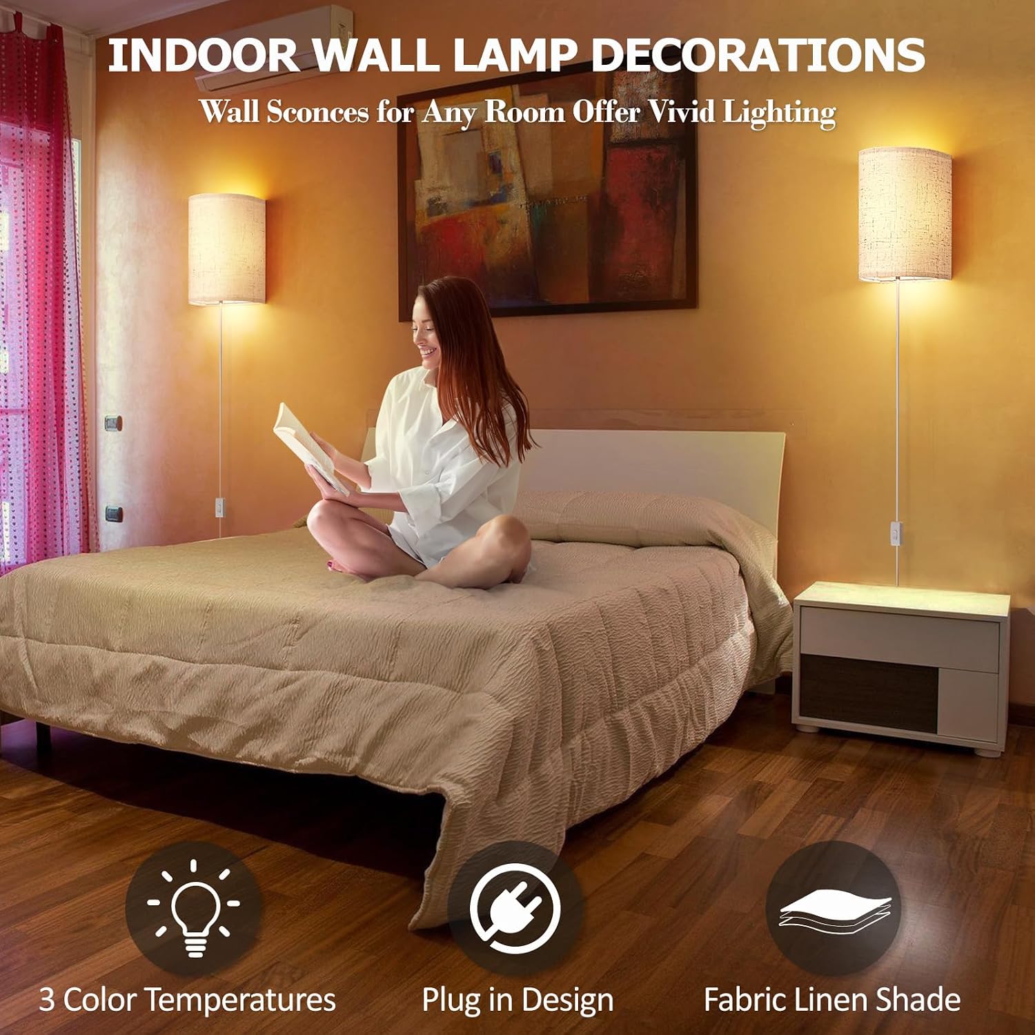2 Plug-In Adjustable Color Linen Wall Sconces