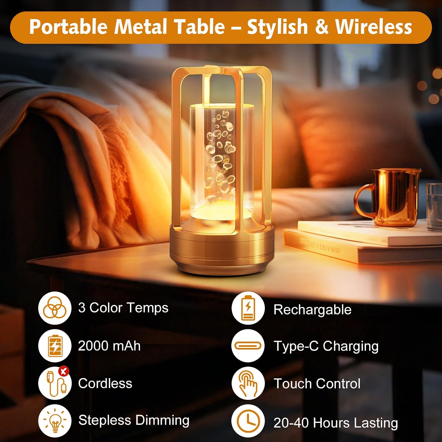 Gold Rechargeable Dimmable LED Lantern Lamp