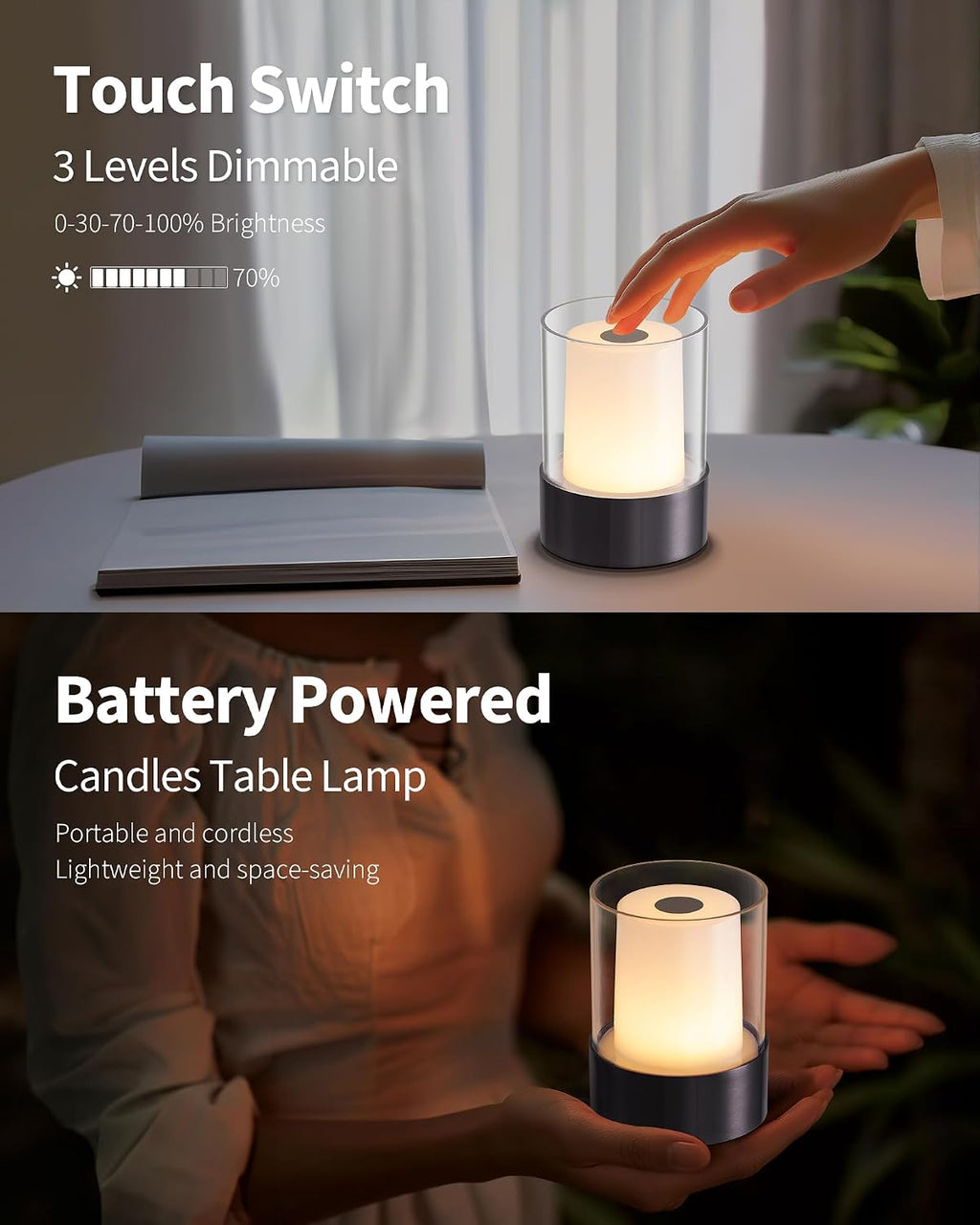2 Pack Black Rechargeable Touch Table Lamps