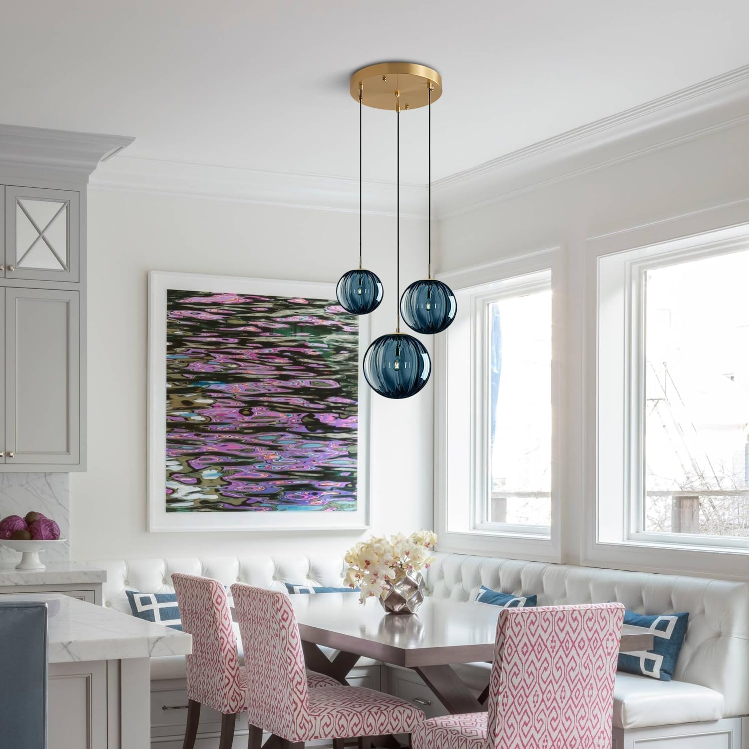 Gold Blue Ribbed Glass 3-Light Pendant Light