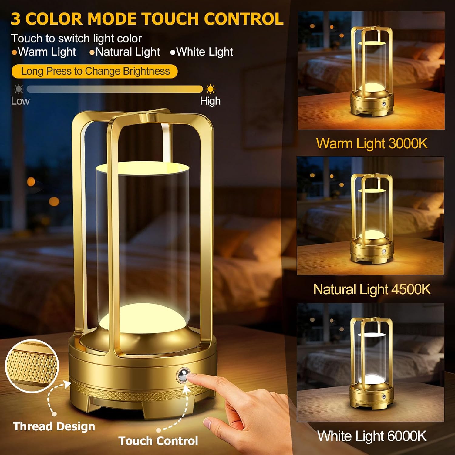 2 Pack Gold Dimmable Rechargeable Table Lamps