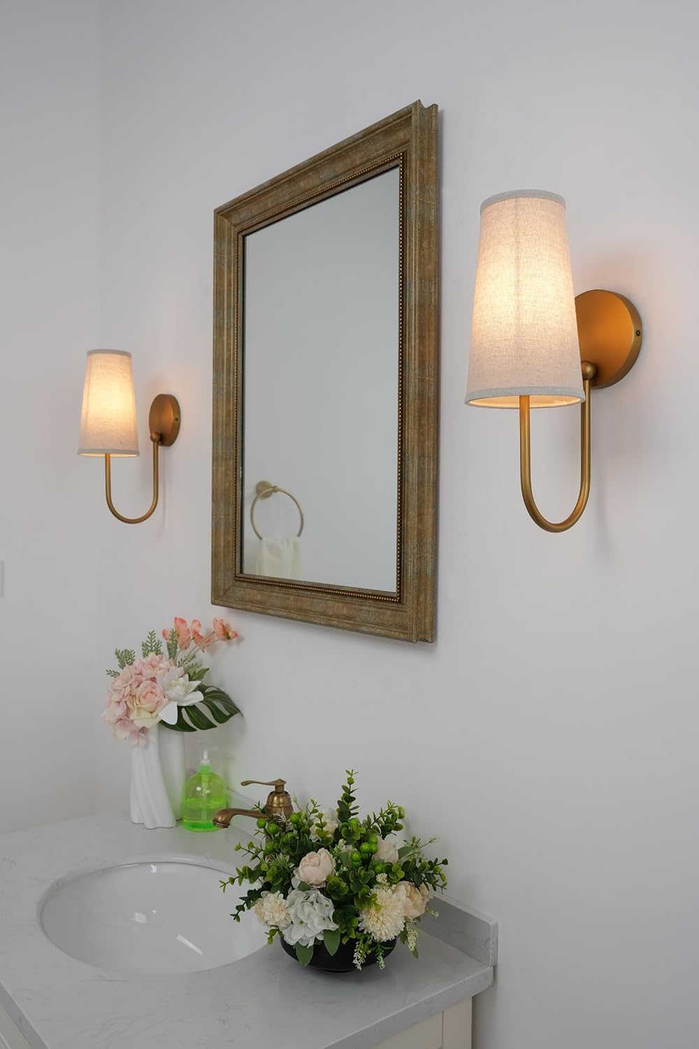 2 Antique Brass Linen Cone Wall Sconces