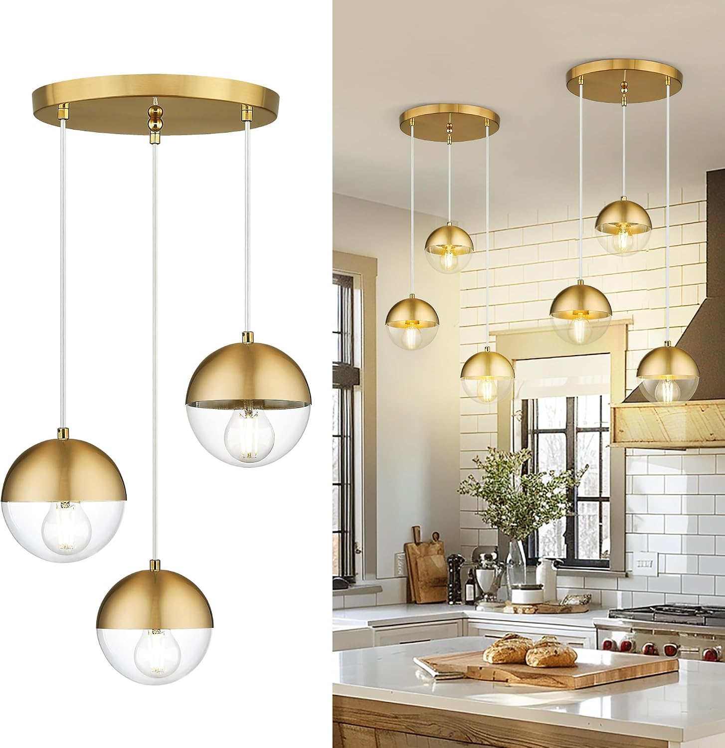 Brushed Gold Clear Globe 3-Light Pendant Light