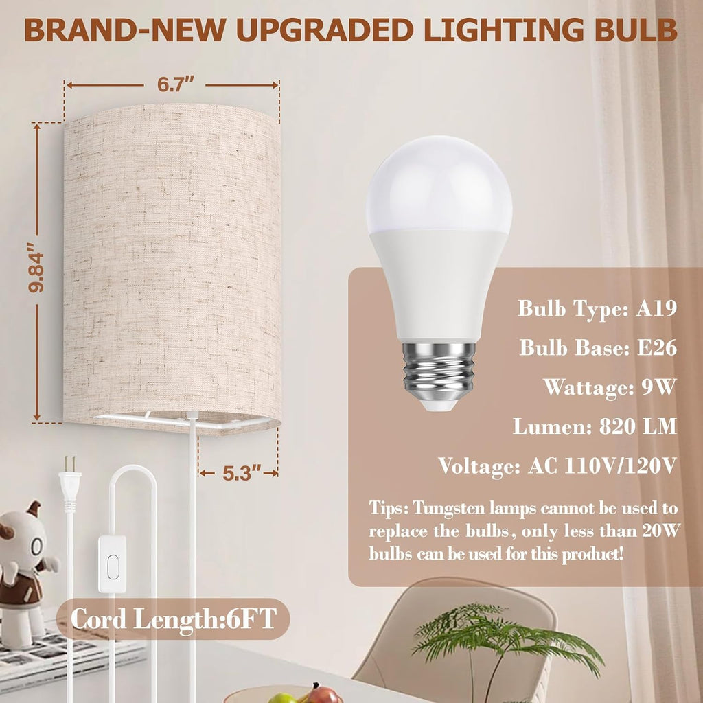 2 Plug-In Adjustable Color Linen Wall Sconces