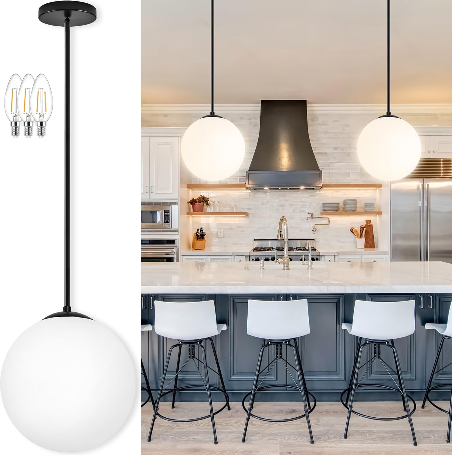 Black Milk Glass 3-Light Globe Pendant Light