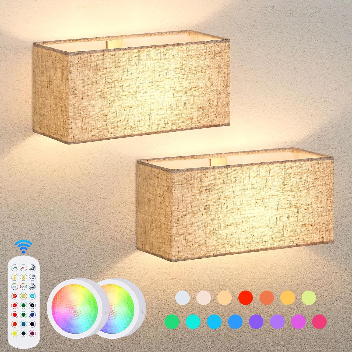 2 Dimmable Color Changing Fabric LED Wall Sconces