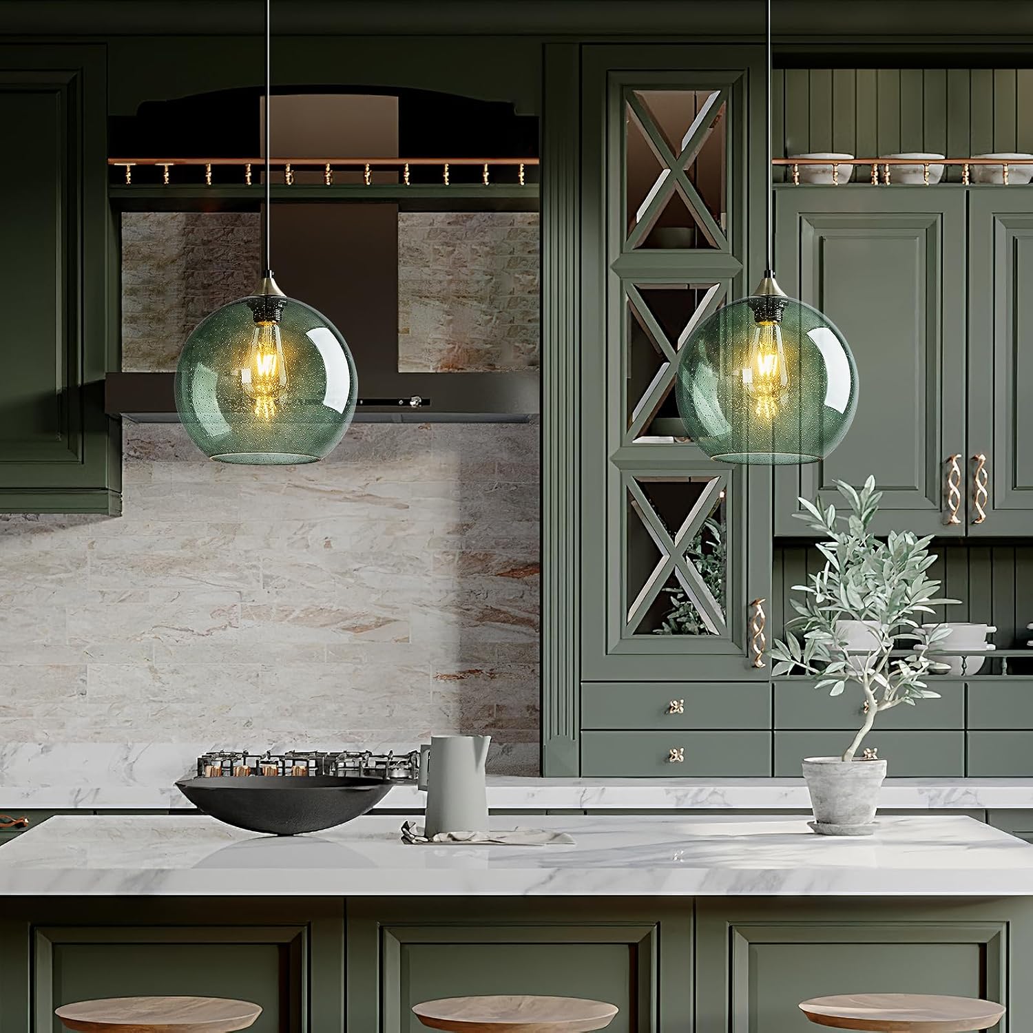 3 Pack Gray Green Glass Globe Pendant Lights